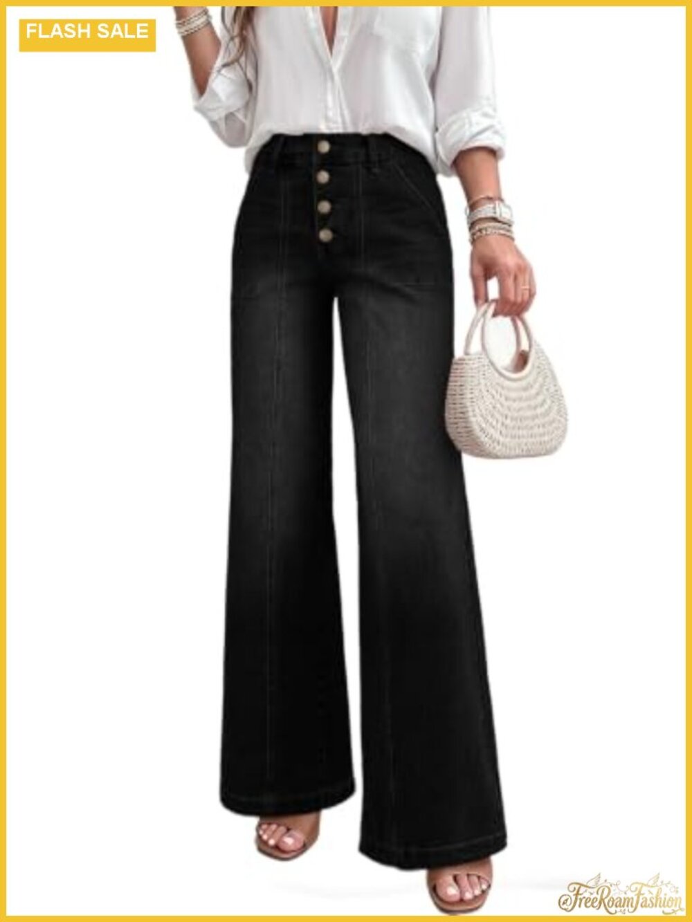 High Waisted Wide Leg Stretchy Jeans Button Fly with Pockets